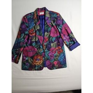 Vtg Bold Deep Color Floral Jacket Power Blazer Womens